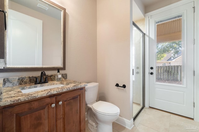 full bath with baseboards, toilet, tile patterned floors, vanity, and a shower stall