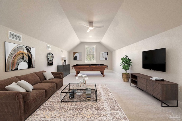 living area with vaulted ceiling, pool table, visible vents, and light colored carpet