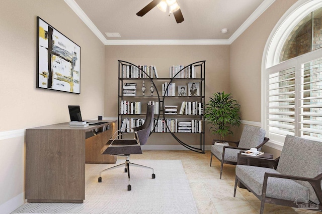 home office with ceiling fan, ornamental molding, and baseboards