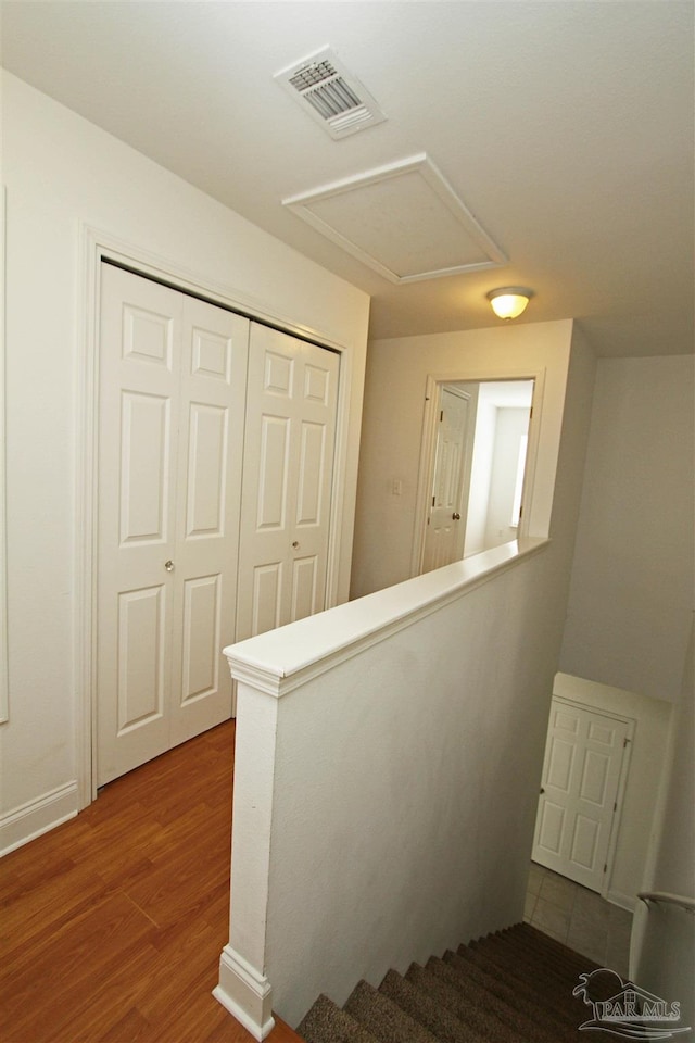 stairway featuring wood-type flooring