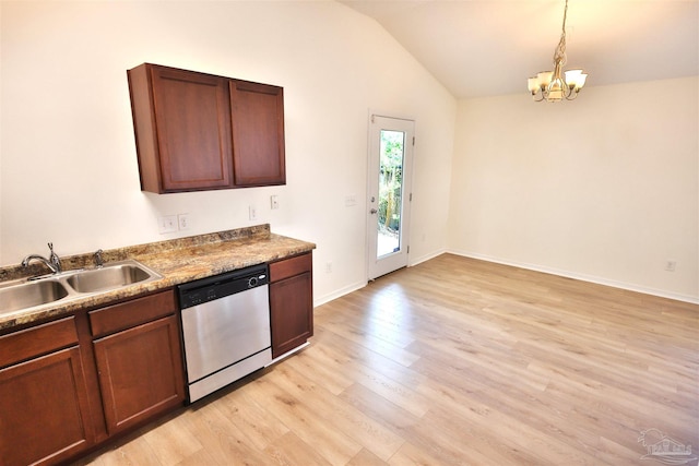 2608 Salamanca St, Navarre, FL 32566 - kitchen with stainless steel dishwasher, a sink, a chandelier, vaulted ceiling, and light wood-style floors