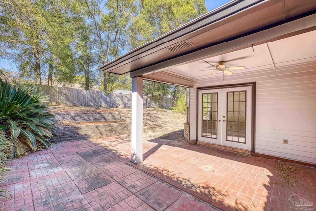 view of patio with ceiling fan and french doors