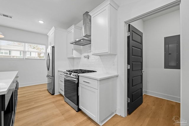 kitchen with wall chimney exhaust hood, white cabinetry, tasteful backsplash, electric panel, and stainless steel appliances