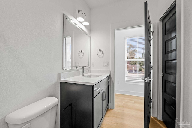 bathroom with vanity, wood-type flooring, and toilet