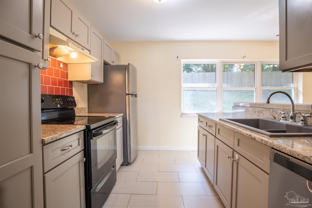 kitchen with dishwasher, backsplash, sink, electric range, and light stone counters