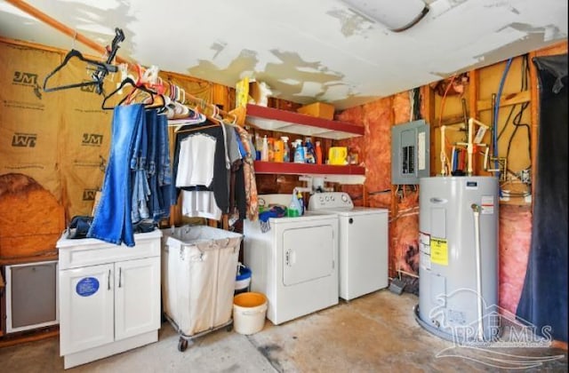 2738 Garcon Point Rd, Milton, FL 32583 - laundry room featuring separate washer and dryer, electric panel, water heater, and cabinet space