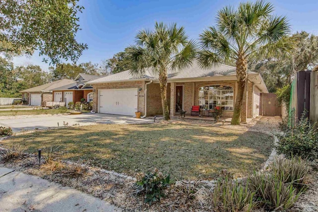 single story home with concrete driveway, an attached garage, fence, and a front yard