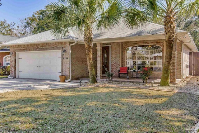 ranch-style house with a front yard, brick siding, and an attached garage