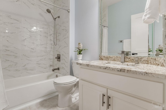 full bath featuring tile patterned floors, vanity, toilet, and shower / tub combo with curtain