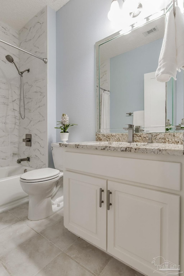 bathroom with toilet, visible vents, shower / bath combo with shower curtain, and vanity