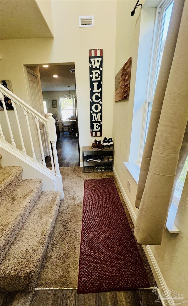 staircase with wood-type flooring