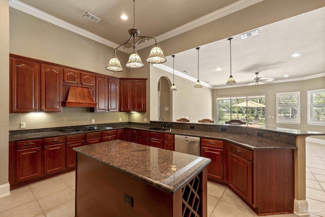 kitchen with custom range hood, a sink, stainless steel dishwasher, reddish brown cabinets, and ornamental molding