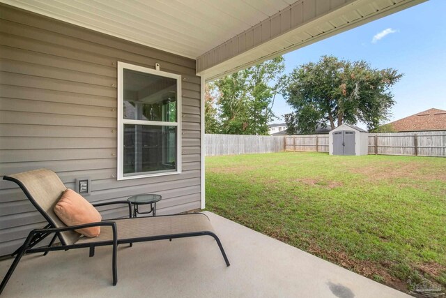 view of patio / terrace featuring a shed