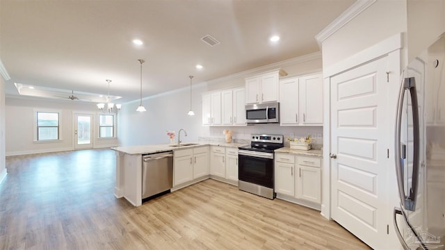 720 Brambling Ct, Cantonment, FL 32533 - kitchen with stainless steel appliances, crown molding, a peninsula, a sink, and white cabinetry