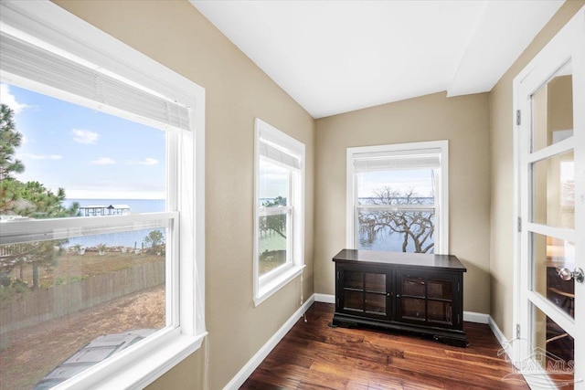 interior space featuring a water view and lofted ceiling