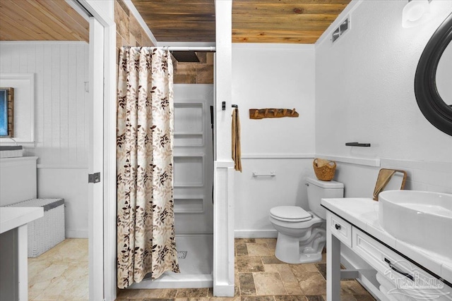 bathroom featuring crown molding, walk in shower, vanity, wood ceiling, and toilet