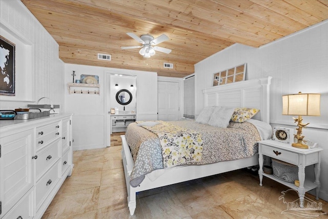 bedroom with wooden ceiling and ceiling fan