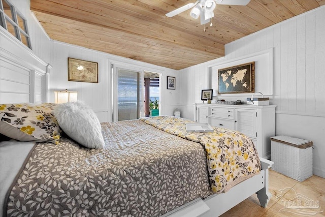 bedroom with wood walls, access to outside, wood ceiling, and ceiling fan