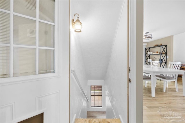 stairs with hardwood / wood-style floors