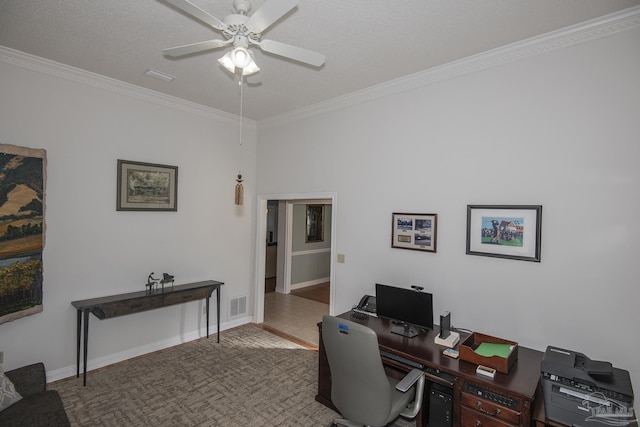 office space with ceiling fan, ornamental molding, a textured ceiling, and carpet floors