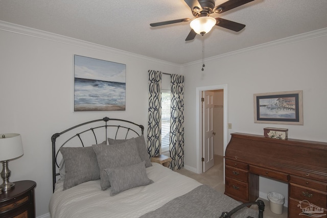 bedroom with light colored carpet, ceiling fan, and crown molding