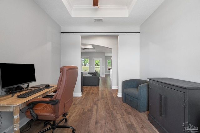 7908 Majestic Cypress Dr, Milton, FL 32583 - office with visible vents, wood finished floors, baseboards, a raised ceiling, and a ceiling fan