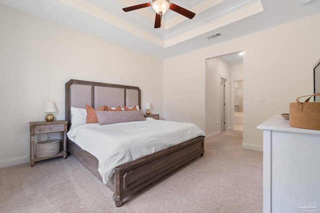 7908 Majestic Cypress Dr, Milton, FL 32583 - bedroom featuring light colored carpet, a ceiling fan, baseboards, a tray ceiling, and visible vents