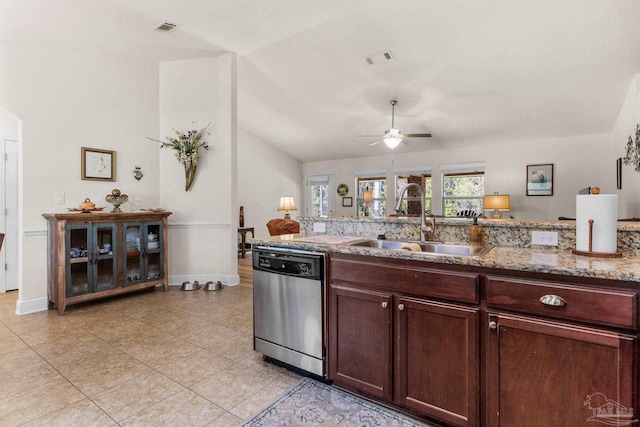 kitchen with dishwasher, a ceiling fan, a sink, and visible vents