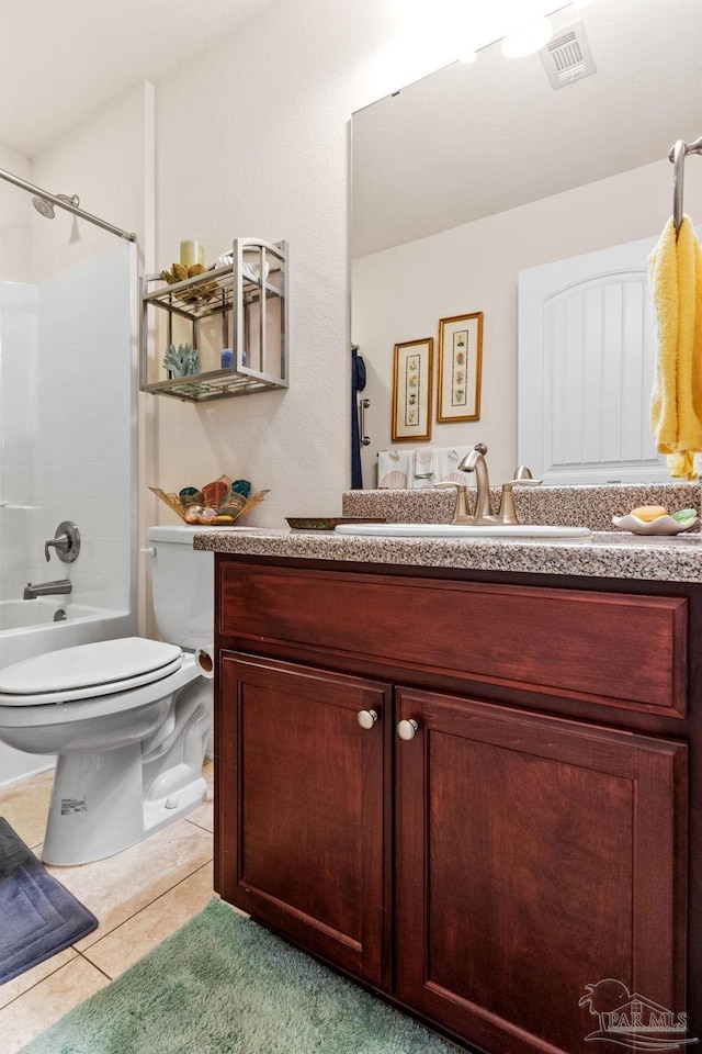full bathroom featuring  shower combination, toilet, visible vents, tile patterned flooring, and vanity