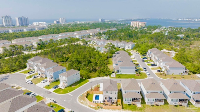 drone / aerial view with a water view