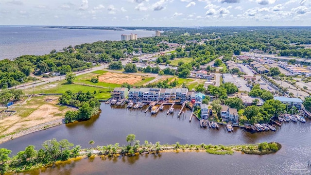 drone / aerial view with a water view