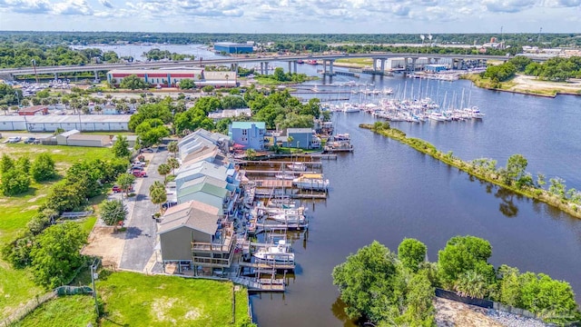 drone / aerial view with a water view