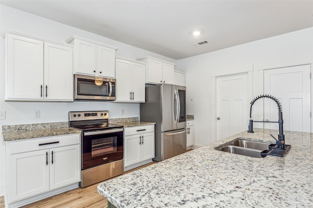 kitchen featuring white cabinetry, sink, light stone counters, and appliances with stainless steel finishes