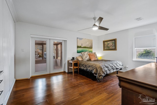 bedroom with dark hardwood / wood-style flooring, access to outside, ceiling fan, and french doors