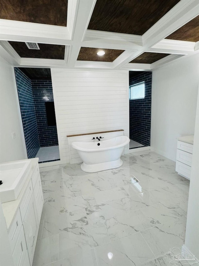 bathroom with a freestanding tub, marble finish floor, coffered ceiling, tiled shower, and vanity