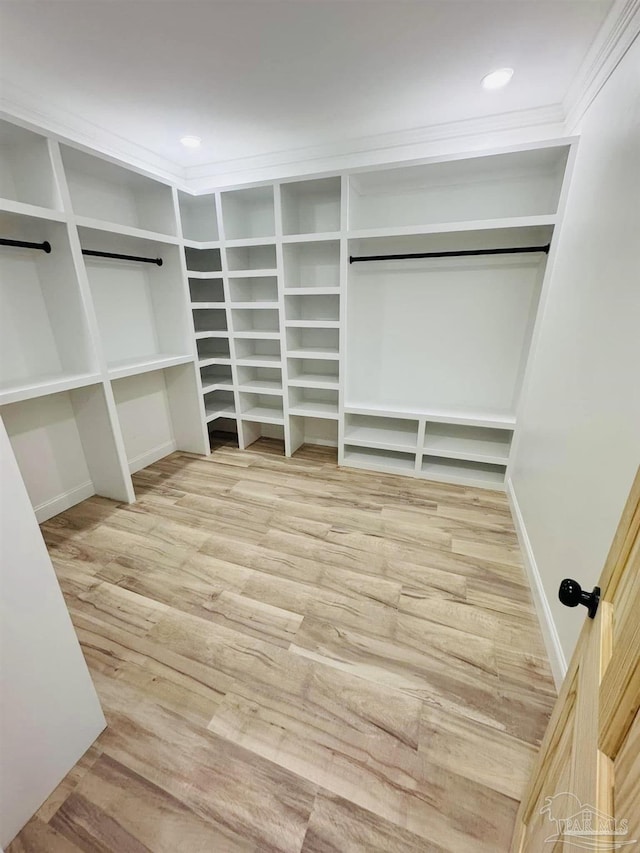 walk in closet with a barn door and wood finished floors