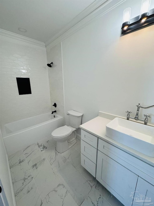 bathroom with toilet, marble finish floor, ornamental molding, shower / tub combination, and vanity