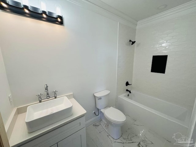 bathroom with vanity, crown molding, shower / tub combination, toilet, and marble finish floor