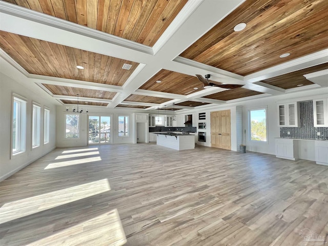 unfurnished living room with light wood-type flooring, coffered ceiling, wood ceiling, and visible vents