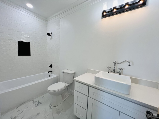 bathroom featuring toilet, marble finish floor, ornamental molding, washtub / shower combination, and vanity