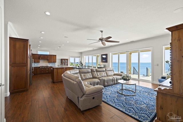 living area with dark wood-style flooring, recessed lighting, a water view, a textured ceiling, and baseboards