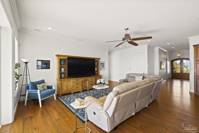 living area featuring ornamental molding, recessed lighting, dark wood finished floors, and baseboards