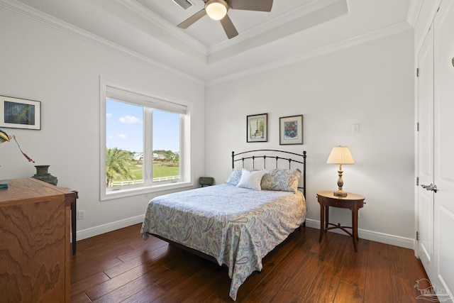 bedroom with baseboards, a raised ceiling, and dark wood finished floors