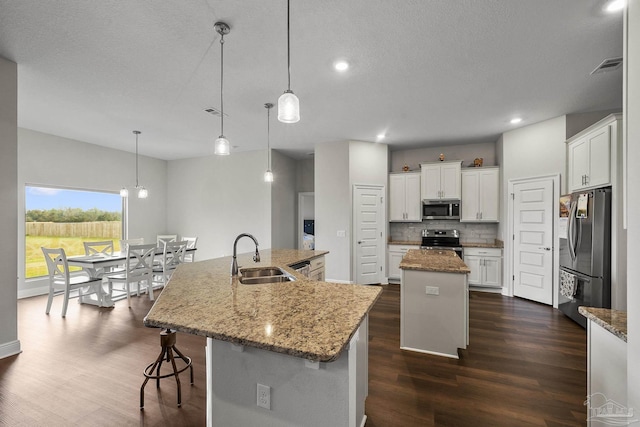 kitchen with a large island with sink, backsplash, a sink, dark wood-style floors, and appliances with stainless steel finishes
