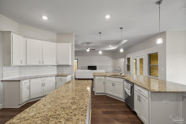 kitchen featuring a tray ceiling, dark wood-style floors, ceiling fan, and dishwasher