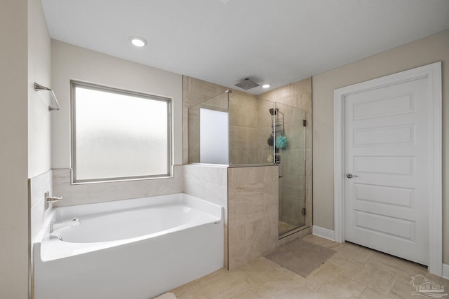 full bath featuring a garden tub, a stall shower, and recessed lighting