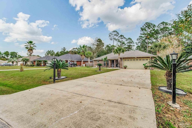 single story home featuring a garage and a front lawn