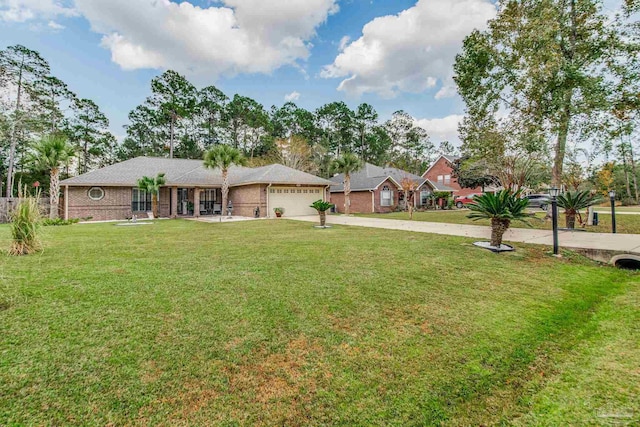 ranch-style home with a garage and a front lawn