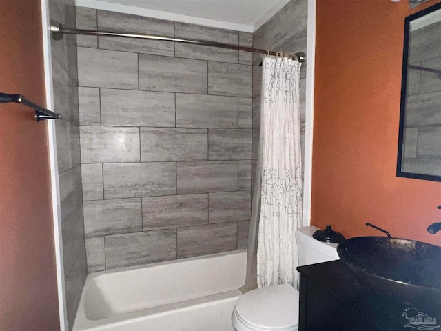 full bathroom with vanity, toilet, and shower / bathtub combination with curtain