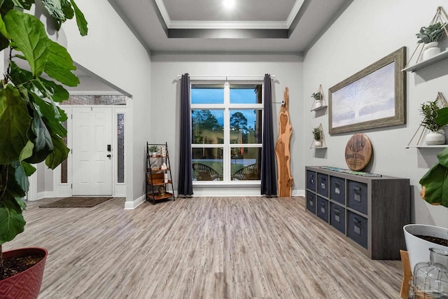 entrance foyer featuring a tray ceiling, crown molding, and light wood-type flooring